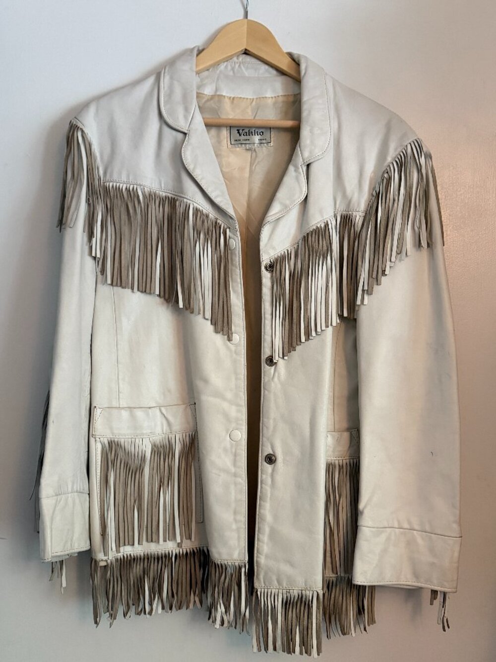 Vintage 1980s Valko Fringe Leather Jacket Women’s Size 9/10 Ivory Western Boho